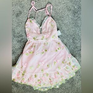 Pink Floral Embroidered Tulle Dress